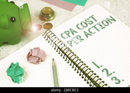 Unterschreiben Sie, um die CPA-Kosten pro ausgezahlter Aktion anzuzeigen, wenn der Benutzer auf einen Affiliate-Link klickt. Wort für Provision, die bezahlt wird, wenn der Benutzer auf ein Affiliate klickt Stockfoto