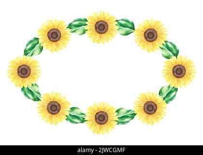 Sonnenblumen ovaler Kranz. Aquarell Vintage Illustration. Für Text platzieren. Isoliert auf weißem Hintergrund. Für die Gestaltung von Aufklebern, Gartenbedarf. Stockfoto