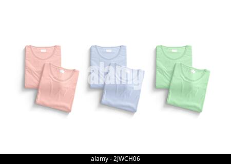 Leeres farbiges gefaltetes quadratisches T-Shirt-Mockup-Paar, Draufsicht Stockfoto