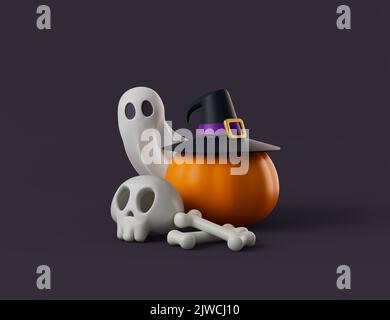 Einfache halloween Cartoon Kürbis in Hexenhut mit Geist und Totenkopf 3D machen illustrieren. Isoliertes Objekt auf dunklem Hintergrund Stockfoto