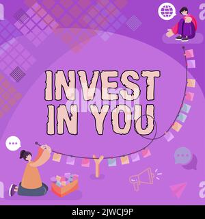 Textschild mit der Aufschrift „Invest in You“. Überblick über das Unternehmen auf sich selbst achten Dinge für Sie kaufen Motivation Inspire Stockfoto