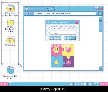 Desktop im Stil eines alten Computers. UI-Design-Elemente, Symbole, Webbrowser-Fenster, Player-Schaltflächen, Auswahlrahmen. Ein Dialogfeld mit einer Roboterprüfung. Stock Vektor