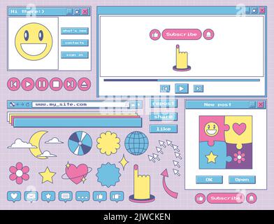 Ein Satz von Aufklebern und Ikonen in Retro-Ästhetik alten Computer-Stil. Elemente der Benutzeroberfläche, Dialogfelder, Player-Schaltflächen. Nostalgisches Design-Objekt Y2K Stock Vektor