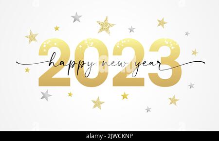 Happy New Year 2023 Schriftzug und goldener Glanz von Sternen. Designvorlage Nummer 20 23. 2023 Symbole für ein glückliches neues Jahr. Kreative Vektorvorlage Stock Vektor