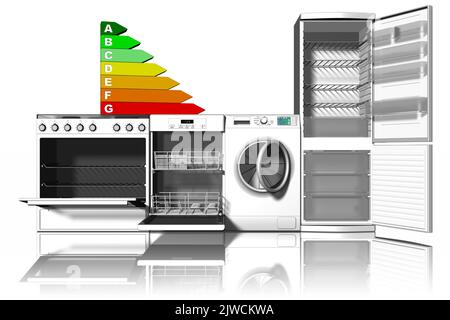 3D Abbildung. Geräte. Herd, Geschirrspüler, Waschmaschine, Kühlschrank, flankiert mit einem Symbol der Energieeinsparung. Stockfoto