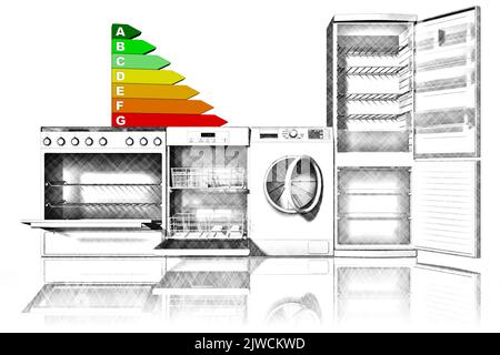 3D Abbildung. Geräte. Herd, Geschirrspüler, Waschmaschine, Kühlschrank, flankiert mit einem Symbol der Energieeinsparung. Stockfoto