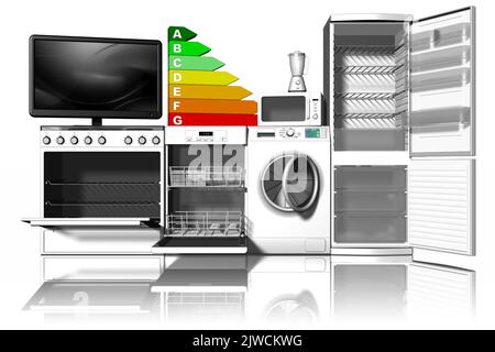 3D Abbildung. Geräte. Herd, Geschirrspüler, Waschmaschine, Kühlschrank, flankiert mit einem Symbol der Energieeinsparung. Stockfoto