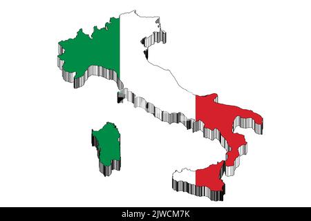 Italien-Logo: Silhouetten von Italien, mit den korrekten offiziellen Farben der Flagge, Darstellung in 3D Grafiken auf neutralem Hintergrund. Stockfoto