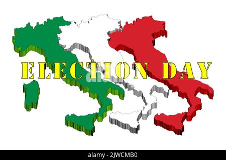 Italien: Drei Silhouetten von Italien, mit den Farben der Flagge, grafische Abbildung 3D mit den Worten "Wahltag" und neutralem Hintergrund. Stockfoto