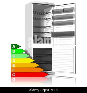 3D Abbildung. Geräte. Der Kühlschrank ist mit einem Symbol für Energieeinsparung flankiert. Stockfoto