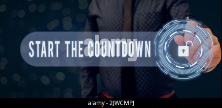 Textzeichen mit der Option Countdown starten. Konzept Bedeutung der Abfolge der Rückwärtszählung zur Einstellung des Timers Stockfoto
