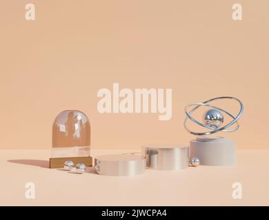 3D Rendern. Abstraktes graues Podium mit sphärischen Objekten. Stand, um Produkte zu zeigen. Stockfoto