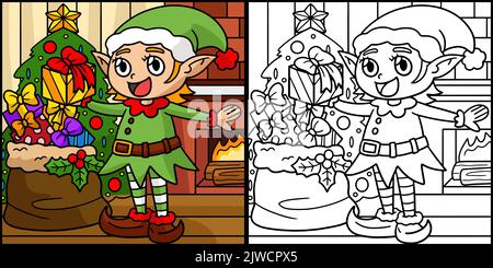 Christmas Elf Coloring Page Illustration Stock Vektor