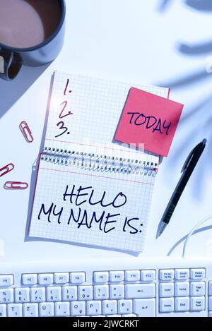 Textschild mit Hallo Mein Name Isintroducing yourself to New people Workers as Presentation. Konzept bedeutet, sich mit neuen Vorstellungen vorzustellen Stockfoto