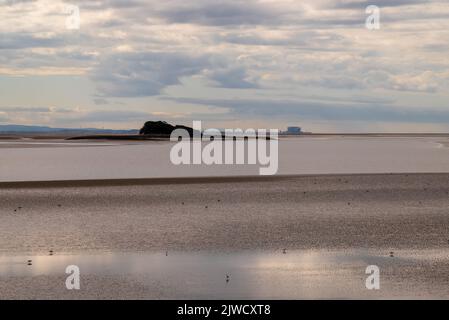 Blick über die Morecambe Bay in Richtung Chapel Island und Morecambe von Sea Cliffs, Ulverston, Cumbria, Großbritannien Stockfoto