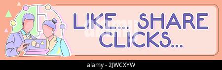 Textzeichen mit „Gefällt mir“-Teilen von Klicks. Geschäftsidee Content Marketing zur Steigerung der emotionalen Bindung Social Media Geschäftsfrau hält zwei Notizen mit Stockfoto