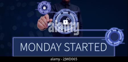 Text mit Inspiration Montag begonnenEs ist vorbei, sich auf die neue Woche vorzubereiten, und wir können mit der Arbeit beginnen. Konzept bedeutet, sich für die neue Woche der Ruhe vorzubereiten Stockfoto