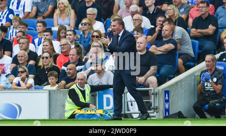 Leicester-Manager Brendan Rodgers beim Premier League-Spiel zwischen Brighton und Hove Albion und Leicester City im American Express Stadium in Brighton, Großbritannien - 4.. September 2022 Stockfoto