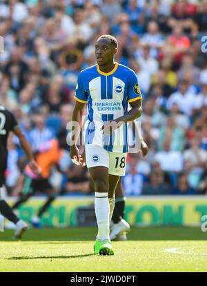 Danny Welbeck von Brighton während des Premier League-Spiels zwischen Brighton und Hove Albion und Leicester City im American Express Stadium, Brighton, Großbritannien - 4.. September 2022 nur für redaktionelle Verwendung. Keine Verkaufsförderung. Für Football-Bilder gelten Einschränkungen für FA und Premier League. Keine Nutzung des Internets/Handys ohne FAPL-Lizenz - für Details wenden Sie sich an Football Dataco Stockfoto