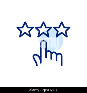 Benutzer gibt Überprüfung ab. Tippen Sie mit dem Finger auf die Sterne. Pixel-perfektes, bearbeitbares Strichliniensymbol Stock Vektor