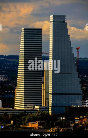 Mit dem Bau der Roche Towers, den höchsten Gebäuden der Schweiz, veränderte sich die Skyline von Basel dramatisch. Stockfoto