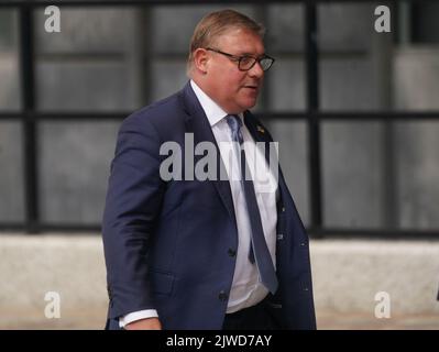 Der Abgeordnete Mark Francois trifft im Queen Elizabeth II Centre in London ein, um den neuen Vorsitzenden der konservativen Partei und den nächsten Premierminister bekannt zu geben. Bilddatum: Montag, 5. September 2022. Stockfoto