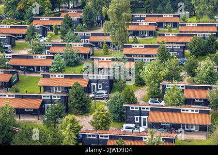 Ferienbungalow Park mit identischen Hütten in symmetrischer Reihenfolge in grüner Waldgegend. Holzchalets mit orangefarbenen Dachziegeln in Gras und Büschen. N Stockfoto