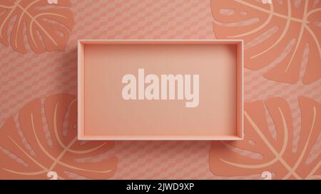 Minimalistischer Stil Produktpräsentation mockup.Pink leere offene Box auf buntem Hintergrund mit Monstera Blätter. 3D Abbildung. Stockfoto