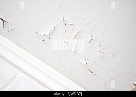 Schwellungen, die aus Weißwasser und Gips an der Decke der Wohnung auslaufen, aufgrund des Eindringens von Wasser aus dem obersten Stockwerk oder Dach, selektiver Fokus. Stockfoto