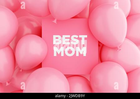 Rosa Schilderrahmen mit der Nachricht BESTE MAMA mit rosa Luftballons umgeben. Happy Mother's Day Gratulation Konzept. 3D Rendern. Stockfoto