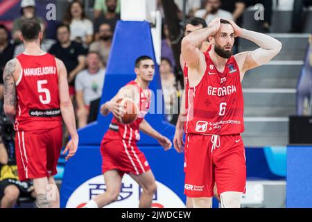 Tiflis, Georgien, 4.. September 2022. Kakhaber Jintcharadze aus Georgien reagiert während der FIBA EuroBasket 2022-Gruppe Ein Spiel zwischen der Türkei und Georgien in der Tbilisi Arena in Tiflis, Georgien. 4. September 2022. Kredit: Nikola Krstic/Alamy Stockfoto