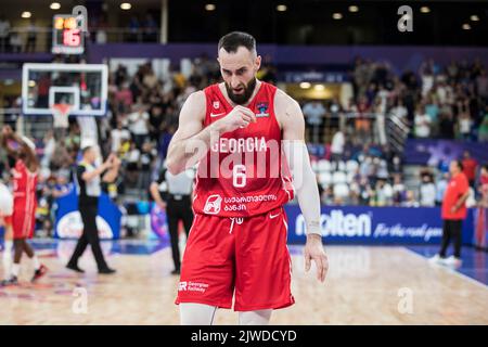 Tiflis, Georgien, 4.. September 2022. Kakhaber Jintcharadze aus Georgien reagiert während der FIBA EuroBasket 2022-Gruppe Ein Spiel zwischen der Türkei und Georgien in der Tbilisi Arena in Tiflis, Georgien. 4. September 2022. Kredit: Nikola Krstic/Alamy Stockfoto