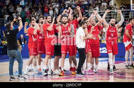 Tiflis, Georgien, 4.. September 2022. Die Spieler Georgiens feiern den Sieg während des FIBA EuroBasket 2022 Gruppe-A-Spiels zwischen der Türkei und Georgien in der Tbilisi Arena in Tiflis, Georgien. 4. September 2022. Kredit: Nikola Krstic/Alamy Stockfoto