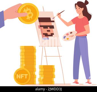 Girl Artist zeichnet Pixel-Art-Bilder und verkauft nicht-fungible Token für Kryptowährung. Kaufen Sie ein Kunstwerk online mit Bitcoins. Moderne Vektorgrafik im flachen Stil isoliert auf weißem Hintergrund. Stock Vektor