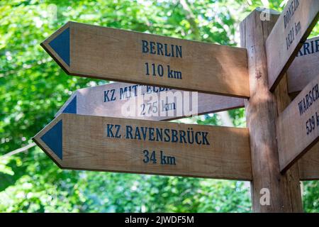 05. September 2022, Mecklenburg-Vorpommern, Neubrandenburg: Auf dem Gelände des ehemaligen Außenlagers Waldbau Neubrandenburg steht eine Gedenkstätte, die einen Kilometer vom Unterlager Waldbau Neubrandenburg bis zum KZ Ravensbrück entfernt ist. Am selben Tag besuchen Frauen des Internationalen Ravensbrück-Komitees die Website. Im Lager mit zwei Standorten in Neubrandenburg mussten etwa 7000 Frauen unter den widrigsten Bedingungen leben und Zwangsarbeit verrichten. Das Ravensbrück-Komitee vereint Überlebende des Frauenkonzentrationslagers Ravensbrück mit ihren Kindern und Enkelkindern aus dem Jahr 1 Stockfoto