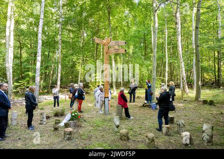 05. September 2022, Mecklenburg-Vorpommern, Neubrandenburg: Auf dem Gelände des ehemaligen Außenlagers Waldbau Neubrandenburg steht eine Gedenkstätte, die einen Kilometer vom Unterlager Waldbau Neubrandenburg bis zum KZ Ravensbrück entfernt ist. Am selben Tag besuchen Frauen des Internationalen Ravensbrück-Komitees die Website. Im Lager mit zwei Standorten in Neubrandenburg mussten etwa 7000 Frauen unter den widrigsten Bedingungen leben und Zwangsarbeit verrichten. Das Ravensbrück-Komitee vereint Überlebende des Frauenkonzentrationslagers Ravensbrück mit ihren Kindern und Enkelkindern aus dem Jahr 1 Stockfoto