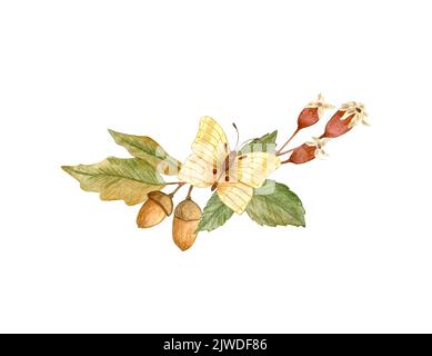 Herbstblumen. Aquarell-Komposition aus Herbstblumen, Eiche und Hagebutte und Schmetterling. Design für Postkarten und Aufkleber. Isoliert auf Weiß Stockfoto