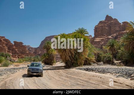 4WD auf Sandbahn Wadi Disah Tabuk Provinz Saudi-Arabien Stockfoto