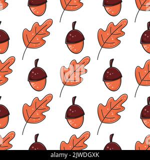 Eicheln und Eicheln hinterlässt nahtlose Herbst Muster Vektor Illustration. Hintergrund mit fallenden Früchten und Laub. Wiederholungsdruck für Textil, Verpackung Stock Vektor