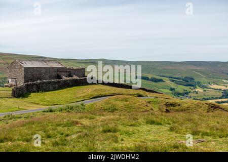 Blick von der Spitze des Electric Gate Climb, einer steilen Anhöhe von Gunnerside in Swaledale, Yorkshire Dales National Park, England, Großbritannien Stockfoto