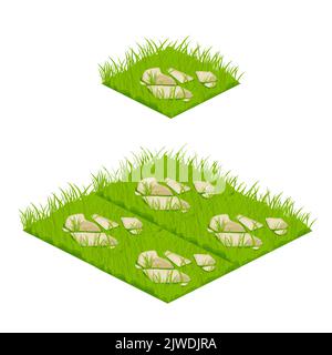 Set isometrische Kachel Rasen Karte Elemente Gras, Steine im Cartoon-Stil isoliert auf weißem Hintergrund, Konstruktor für App, ui. . Vektorgrafik Stock Vektor