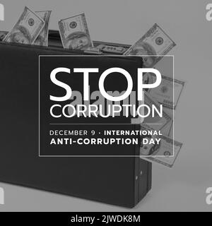 Eine Kombination aus „Stop Corruption“ und „december 9“-Text über US-Dollar-Rechnungen, die aus dem Aktenkoffer verschüttet werden Stockfoto