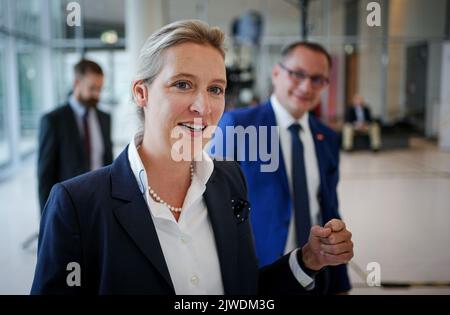 05. September 2022, Berlin: Alice Weidel (l), Bundesvorsitzende der AfD und Fraktionsvorsitzende der AfD, und Tino Chrupalla, Bundesvorsitzende der AfD und Fraktionsvorsitzende der AfD, kommen zu Beginn der Fraktionssitzung ihrer Partei zur Presseerklärung. Das Thema der Woche der Bundestag-Sitzung ist die Einführung des Haushaltsplans 2023. Foto: Kay Nietfeld/dpa Stockfoto