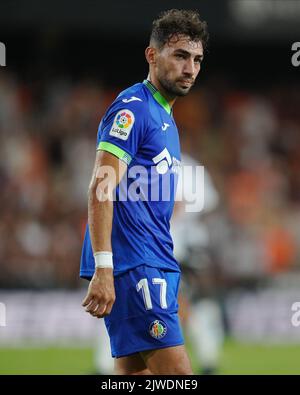 Munir El Haddadi von Getafe CF während des La Liga-Spiels zwischen Valencia CF und Getafe CF spielte am 4. September 2022 im Mestalla-Stadion in Valencia, Spanien. (Foto von Bagu Blanco / PRESSIN) Stockfoto