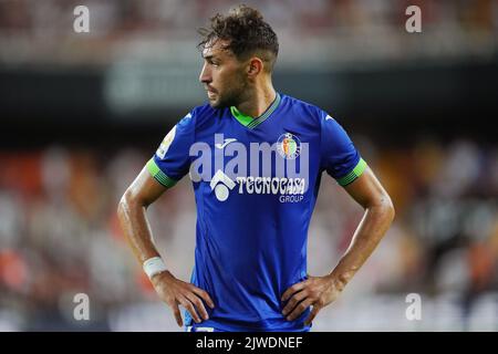 Munir El Haddadi von Getafe CF während des La Liga-Spiels zwischen Valencia CF und Getafe CF spielte am 4. September 2022 im Mestalla-Stadion in Valencia, Spanien. (Foto von Bagu Blanco / PRESSIN) Stockfoto