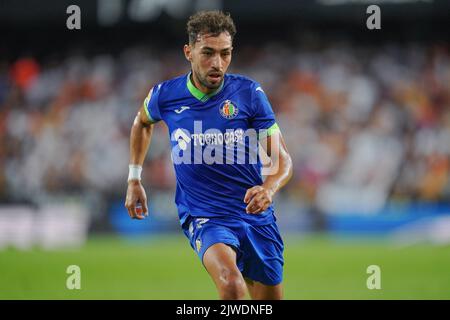 Munir El Haddadi von Getafe CF während des La Liga-Spiels zwischen Valencia CF und Getafe CF spielte am 4. September 2022 im Mestalla-Stadion in Valencia, Spanien. (Foto von Bagu Blanco / PRESSIN) Stockfoto