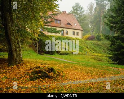 Landhaus auf einem Hügel, Blick vom Hinterhof in einem nebligen launischen Herbstmorgen Stockfoto