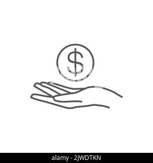 Symbol „Geld sparen“. Symbol für Gehaltsgeld. Logo von Invest Finance. Hand hält Münze lineares Symbol. Hand- und Münzvektor-Design. Cashback-Symbol. Vektorgrafik Stock Vektor