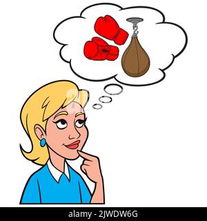 Girl Thinking about Boxing - Eine Cartoon-Illustration eines Mädchens, das über den Kauf von Boxhandschuhen und einem Boxsack nachdenkt. Stock Vektor