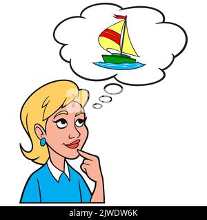 Girl Thinking about a Sailboat - Eine Cartoon-Illustration eines Mädchens, das darüber nachdenkt, ein Segelboot zu bekommen. Stock Vektor